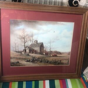 Old barn and red truck print/framed and matted/rustic/winter scene/farmhouse